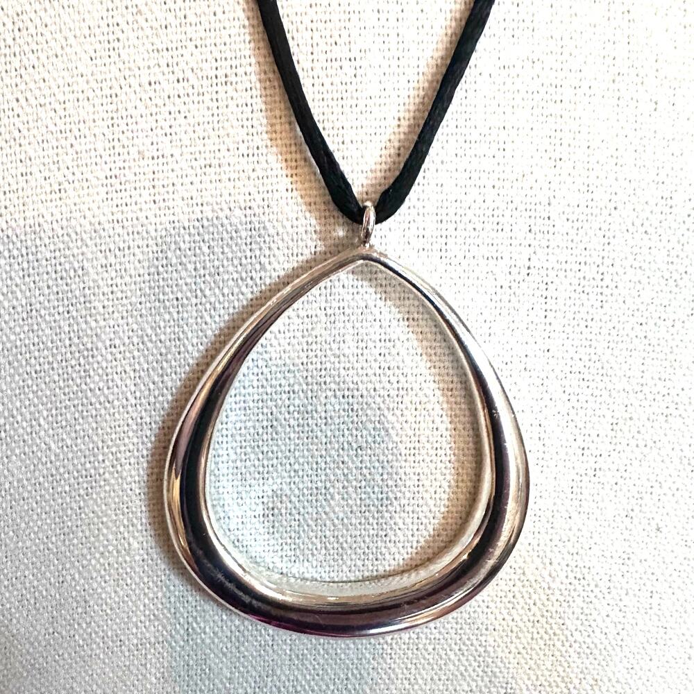 White House Black Market Black Cord Silver Sculptural Pendant Necklace WHBM